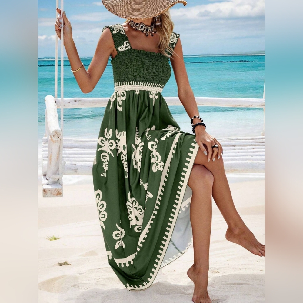 Elegant Green Smocked Wide Strap Maxi Dress